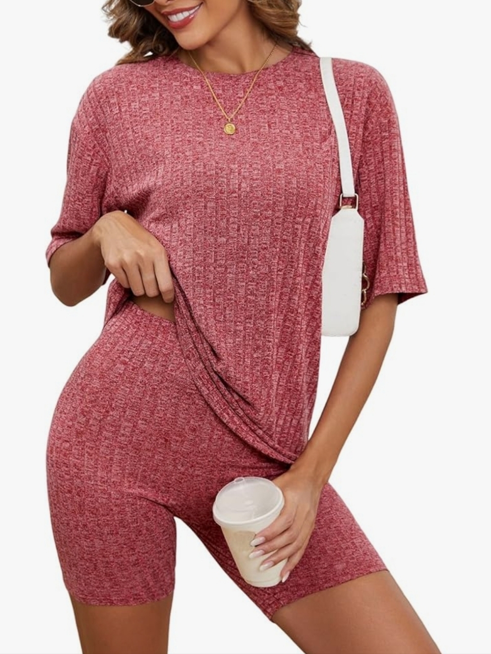 Dusty Rose Ribbed Two-Piece Short Sleeve Top & Biker Shorts